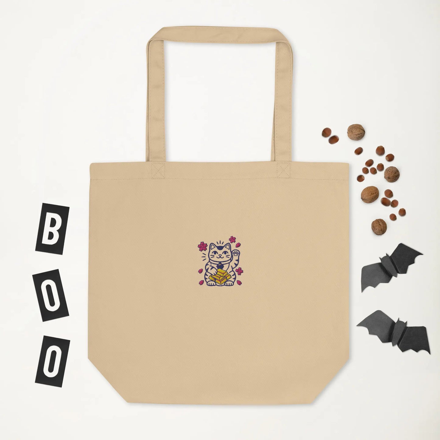 Embroidered Lucky Cat Holding Gold Brick Canvas Tote Bag, Premium Stitched Maneki-neko Prosperity Design, Eco-Friendly Large Capacity Everyday Shoulder Bag by Nova and Joy