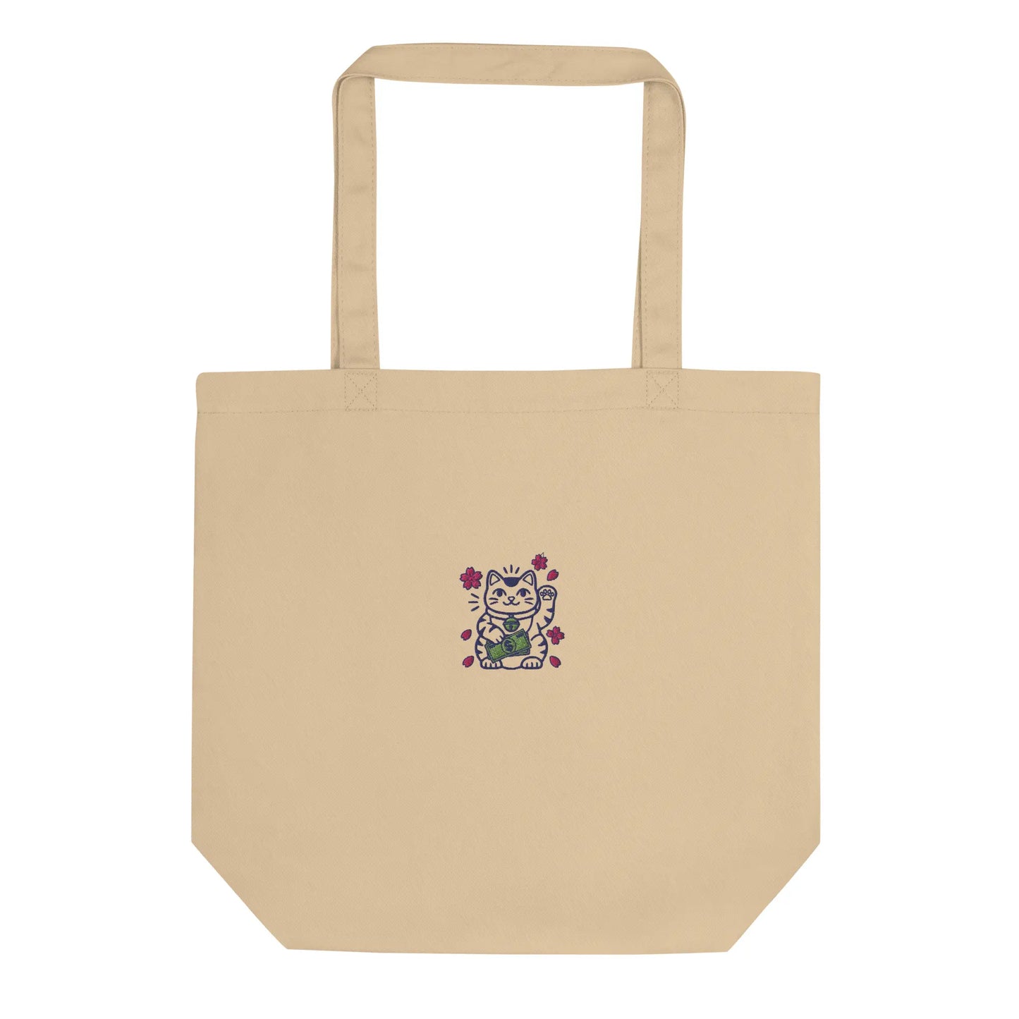 Embroidered Lucky Cat Canvas Tote Bag, Premium Stitched Maneki-neko Design Eco-Friendly Large Capacity Everyday Shoulder Bag by Nova and Joy
