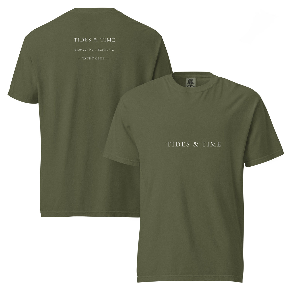 Front and back view of the Hemp Comfort Colors 1717 Tides & Time t-shirt.