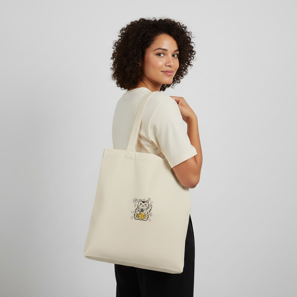 Lifestyle photo of a woman from the back carrying the cream-colored Wealth Magnet Lucky Cat embroidered canvas tote bag.