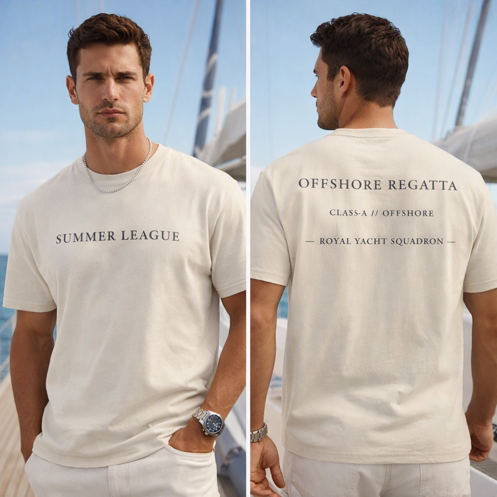 Off-white Comfort Colors 1717 t-shirt featuring Summer League front print and Offshore Regatta back print.