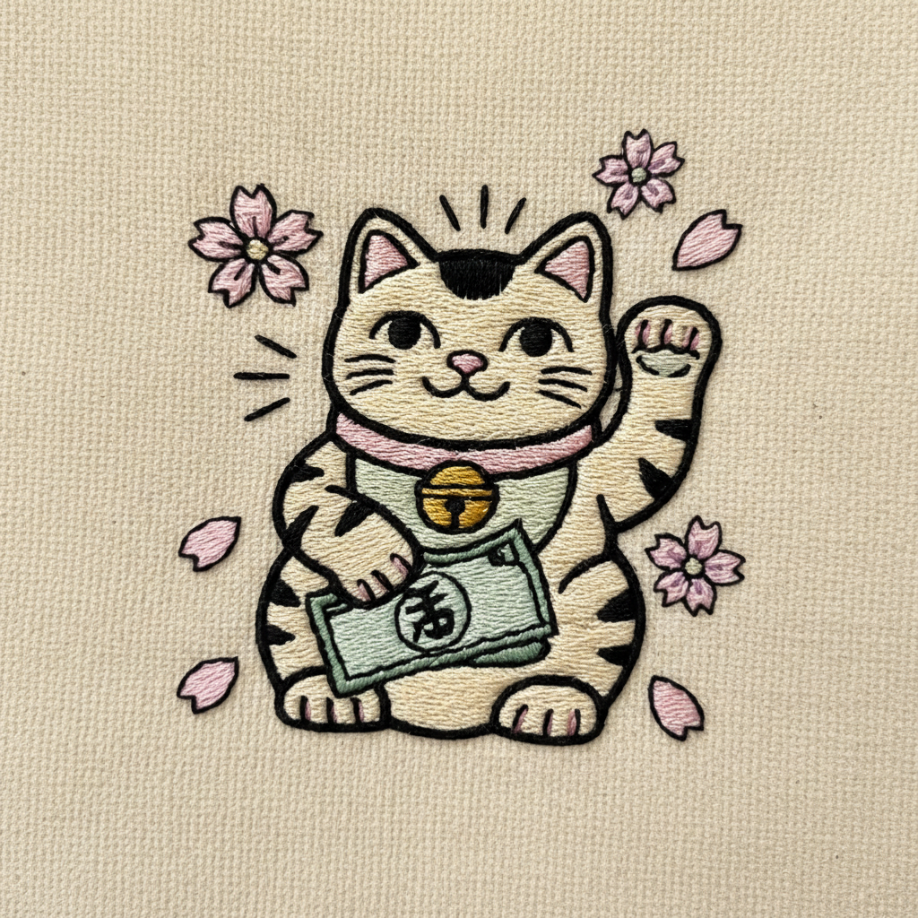 Close-up detail of the Hustle Hard Lucky Cat embroidery on the canvas tote bag.