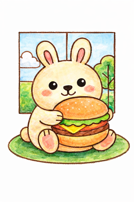 Adorable Bunny with Hamburger Coloring Page | Bold & Easy for Kids and Adults | Minimalist Design by Nova and Joy
