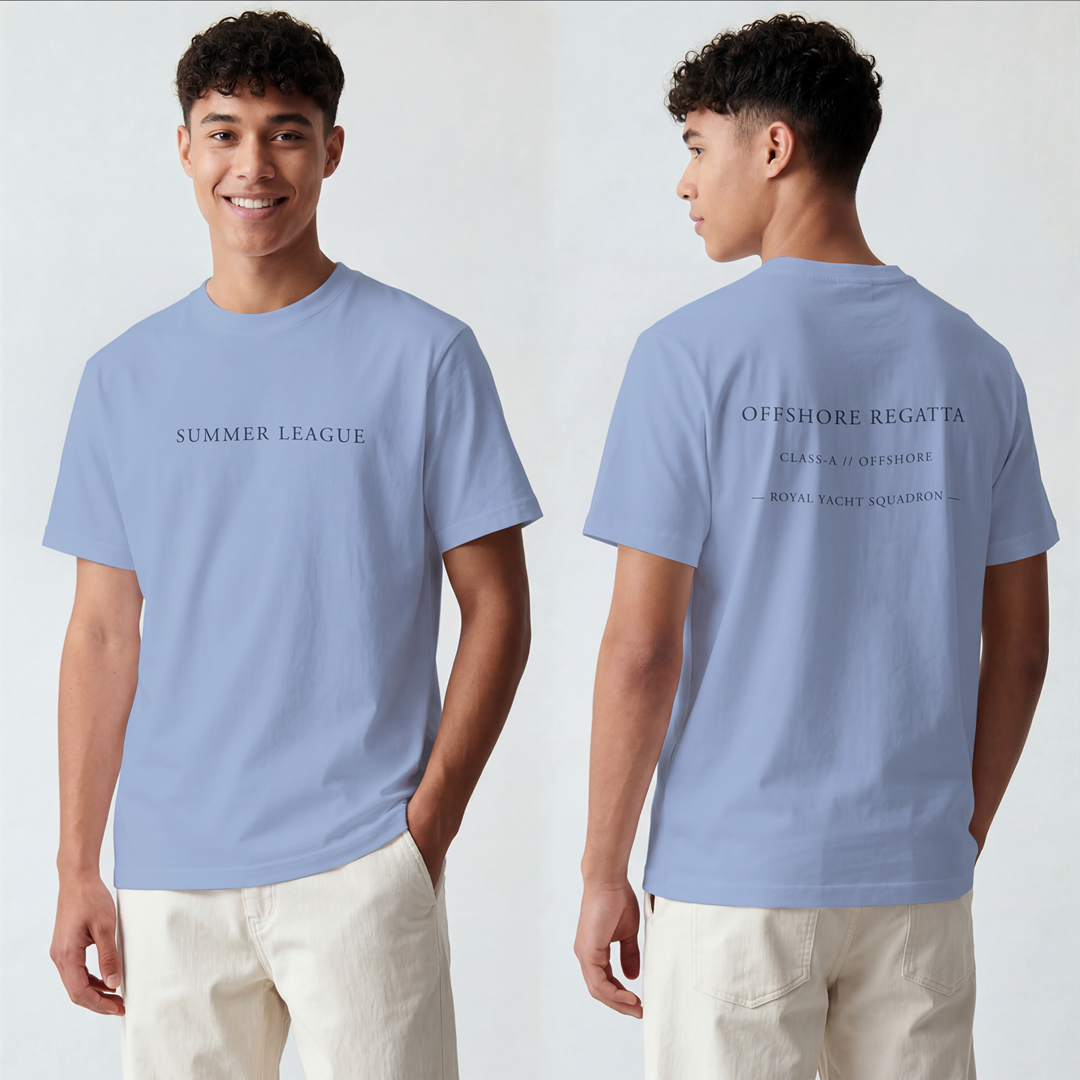 Washed Denim blue Comfort Colors 1717 heavyweight cotton t-shirt, featuring front and back views on a male model.