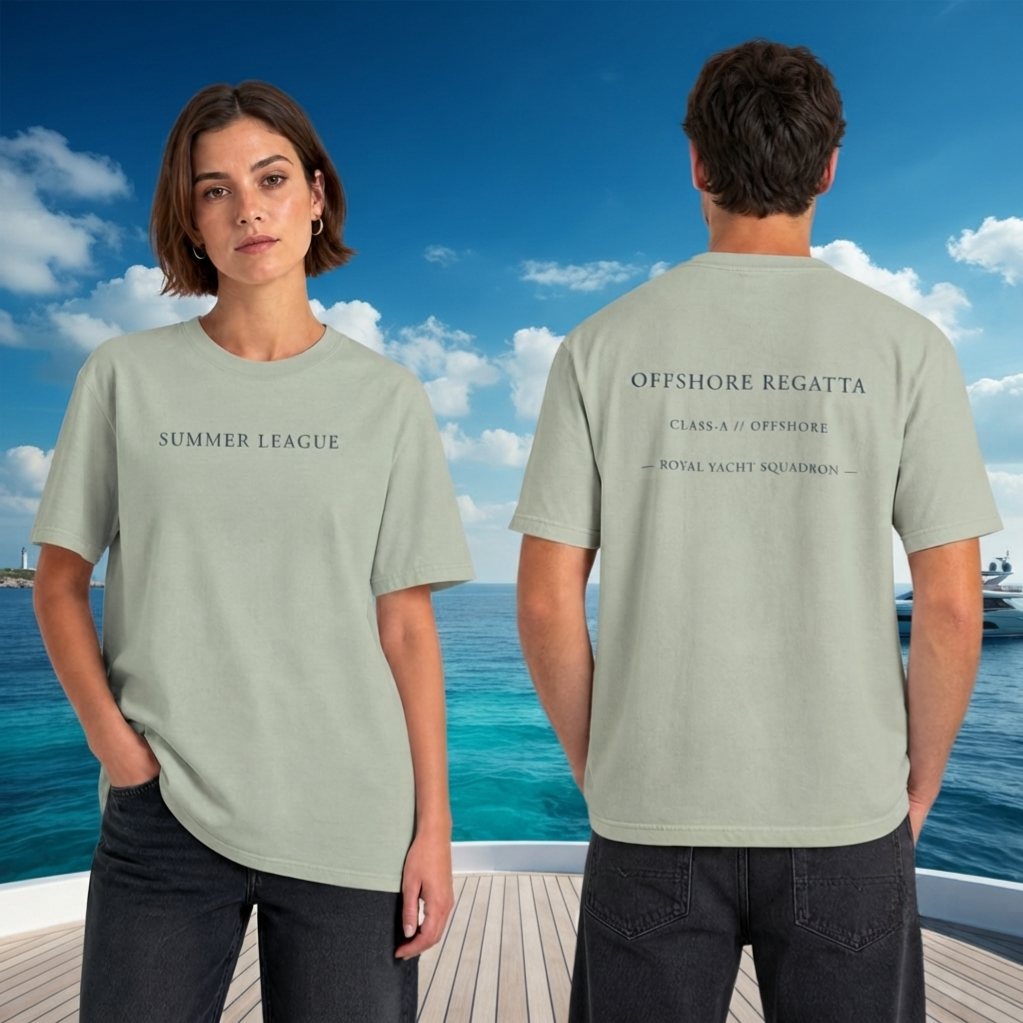 Bay green Comfort Colors 1717 heavyweight cotton t-shirt, showing front and back graphic prints.