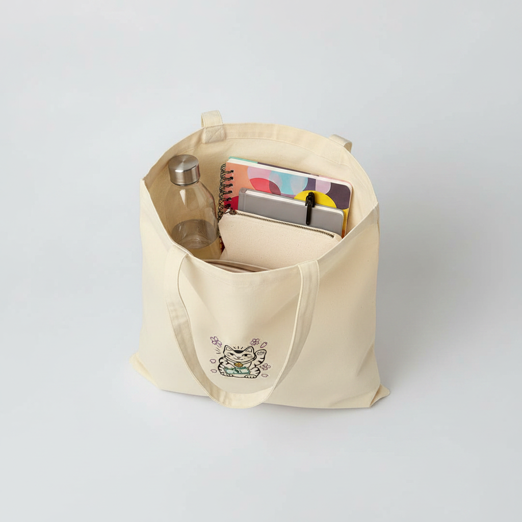 Open canvas tote bag filled with notebooks and a water bottle, featuring the embroidered Hustle Hard Lucky Cat design.