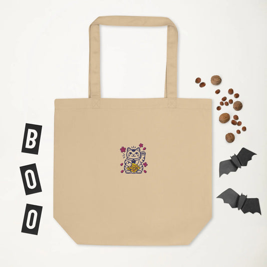 Embroidered Lucky Cat Holding Gold Brick Canvas Tote Bag, Premium Stitched Maneki-neko Prosperity Design, Eco-Friendly Large Capacity Everyday Shoulder Bag by Nova and Joy
