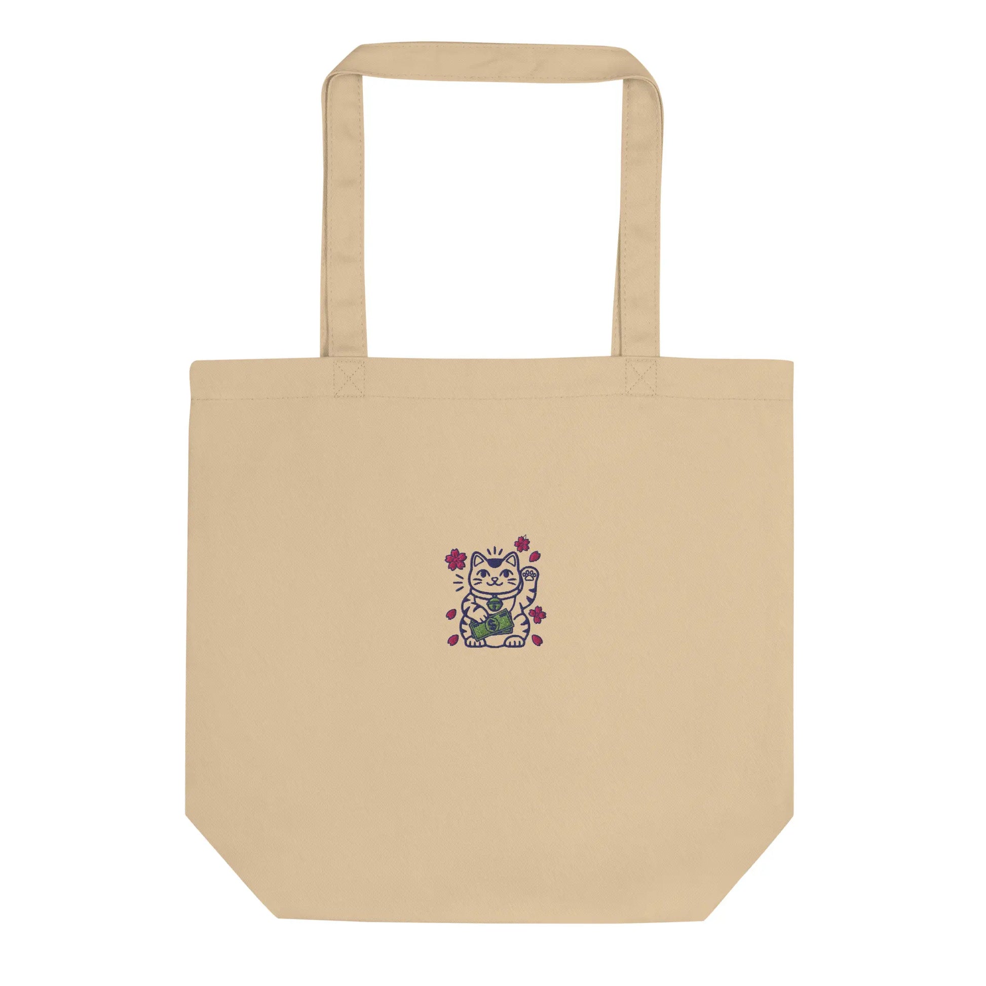 Embroidered Lucky Cat Canvas Tote Bag, Premium Stitched Maneki-neko Design Eco-Friendly Large Capacity Everyday Shoulder Bag by Nova and Joy