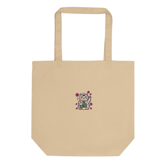 Embroidered Lucky Cat Canvas Tote Bag, Premium Stitched Maneki-neko Design Eco-Friendly Large Capacity Everyday Shoulder Bag by Nova and Joy
