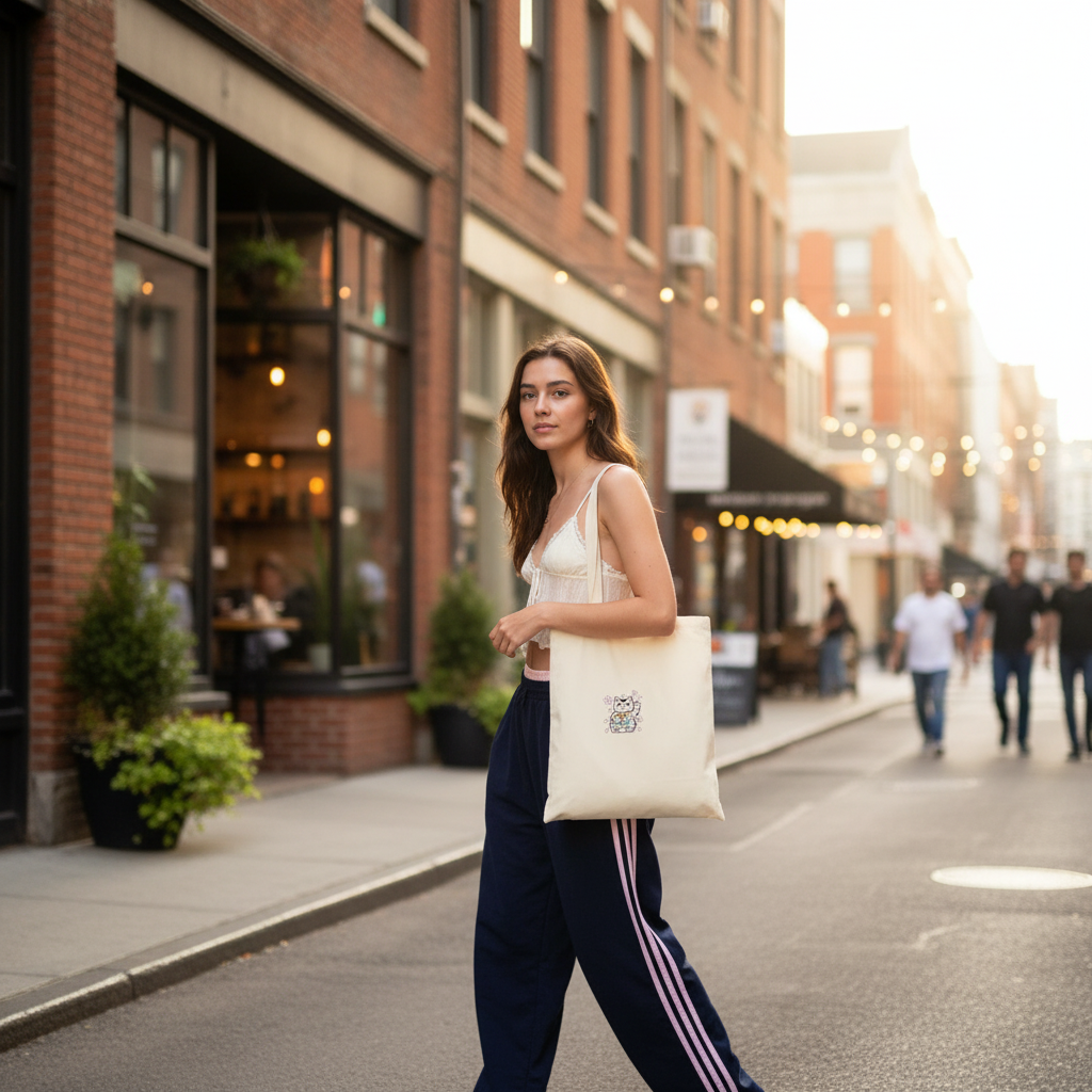 Street style fashion photo of a woman carrying the Hustle Hard Lucky Cat embroidered canvas tote bag in a city.