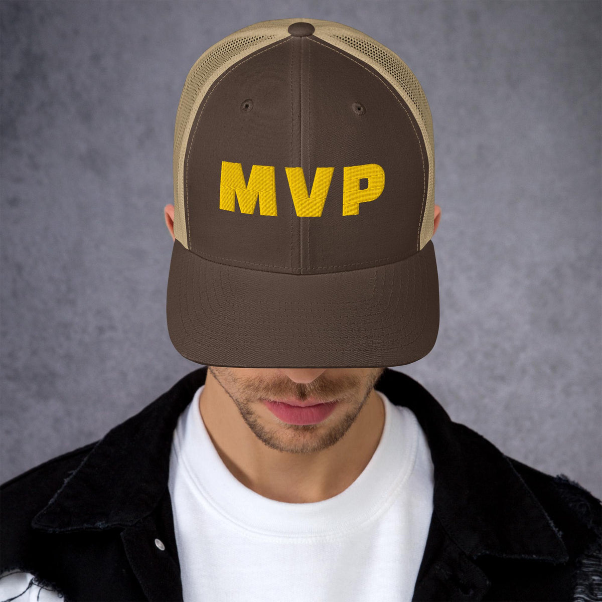 Brown and khaki trucker hat with gold MVP embroidered lettering
