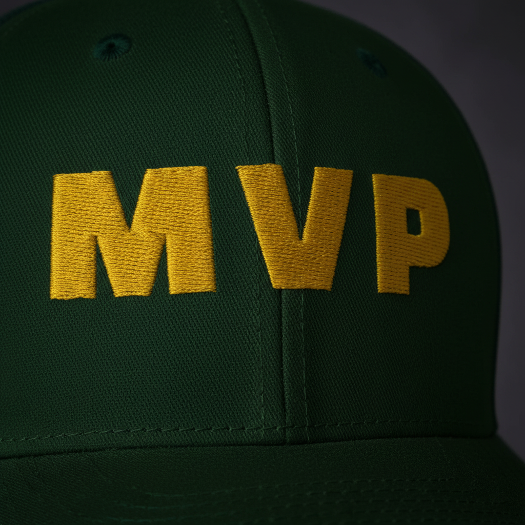 Close-up of gold MVP embroidered lettering on a dark green trucker hat