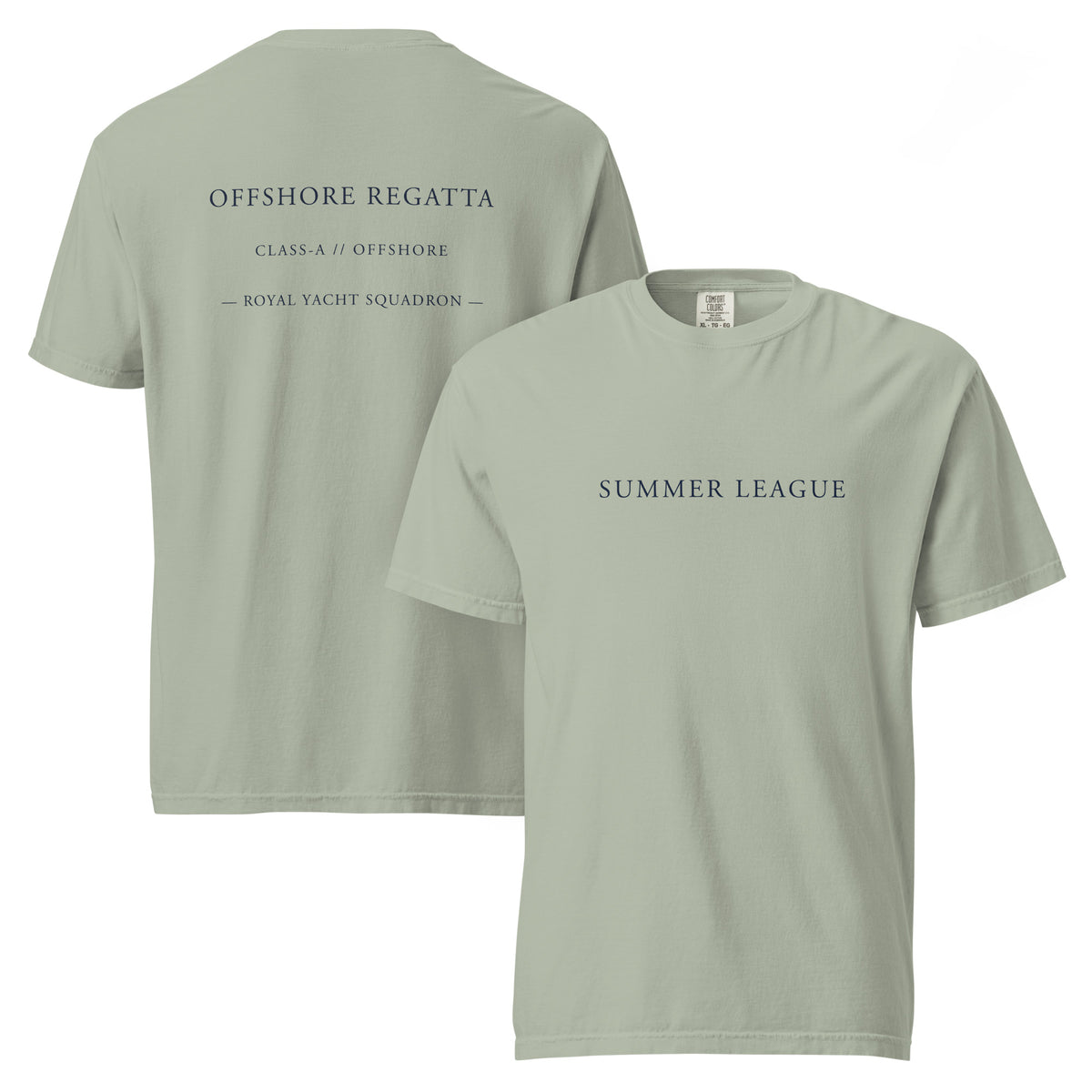 Comfort Colors 1717 blank tee in Bay, featuring Summer League and Offshore Regatta designs.