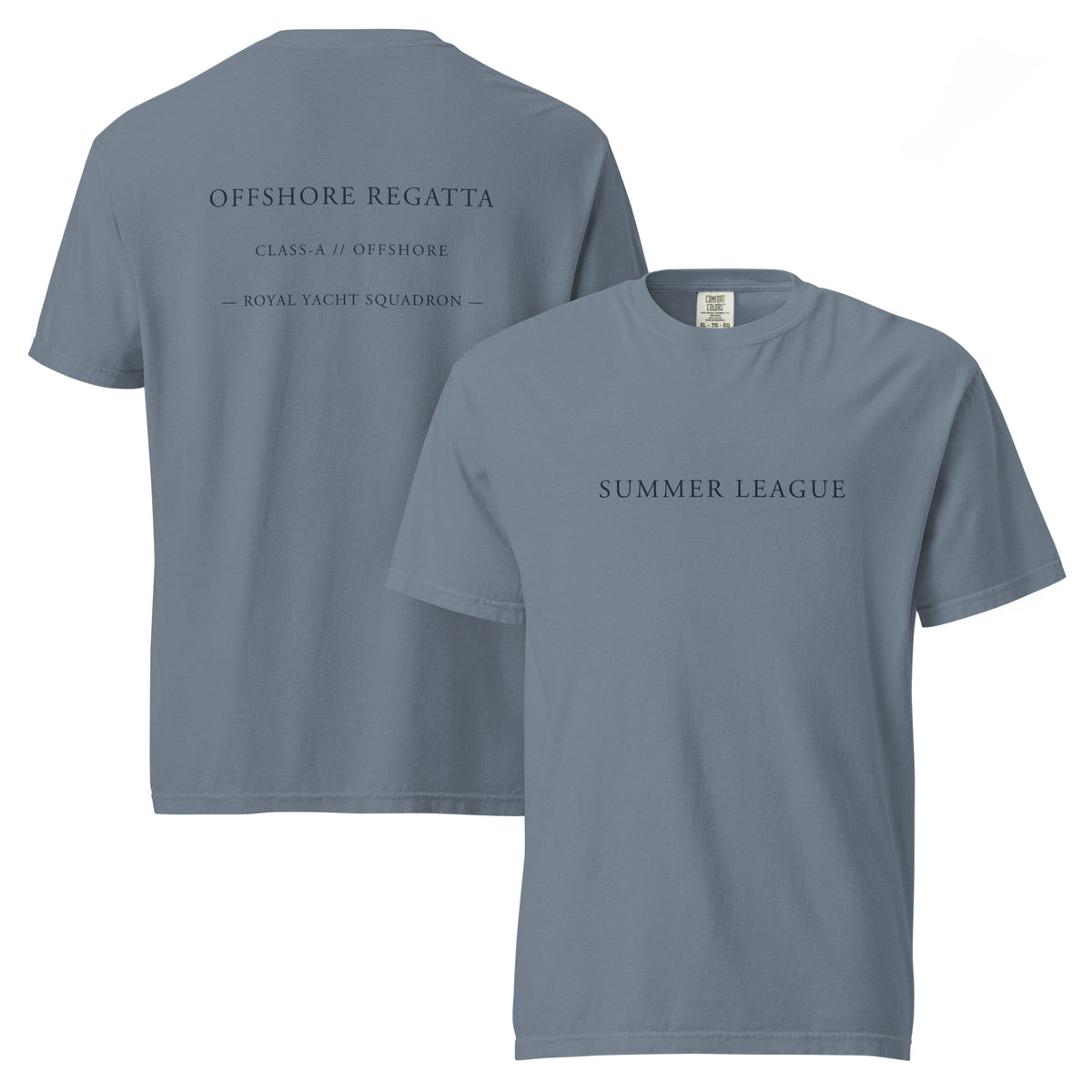 Blue Jean Comfort Colors 1717 heavyweight cotton t-shirt, displaying front and back graphic prints.