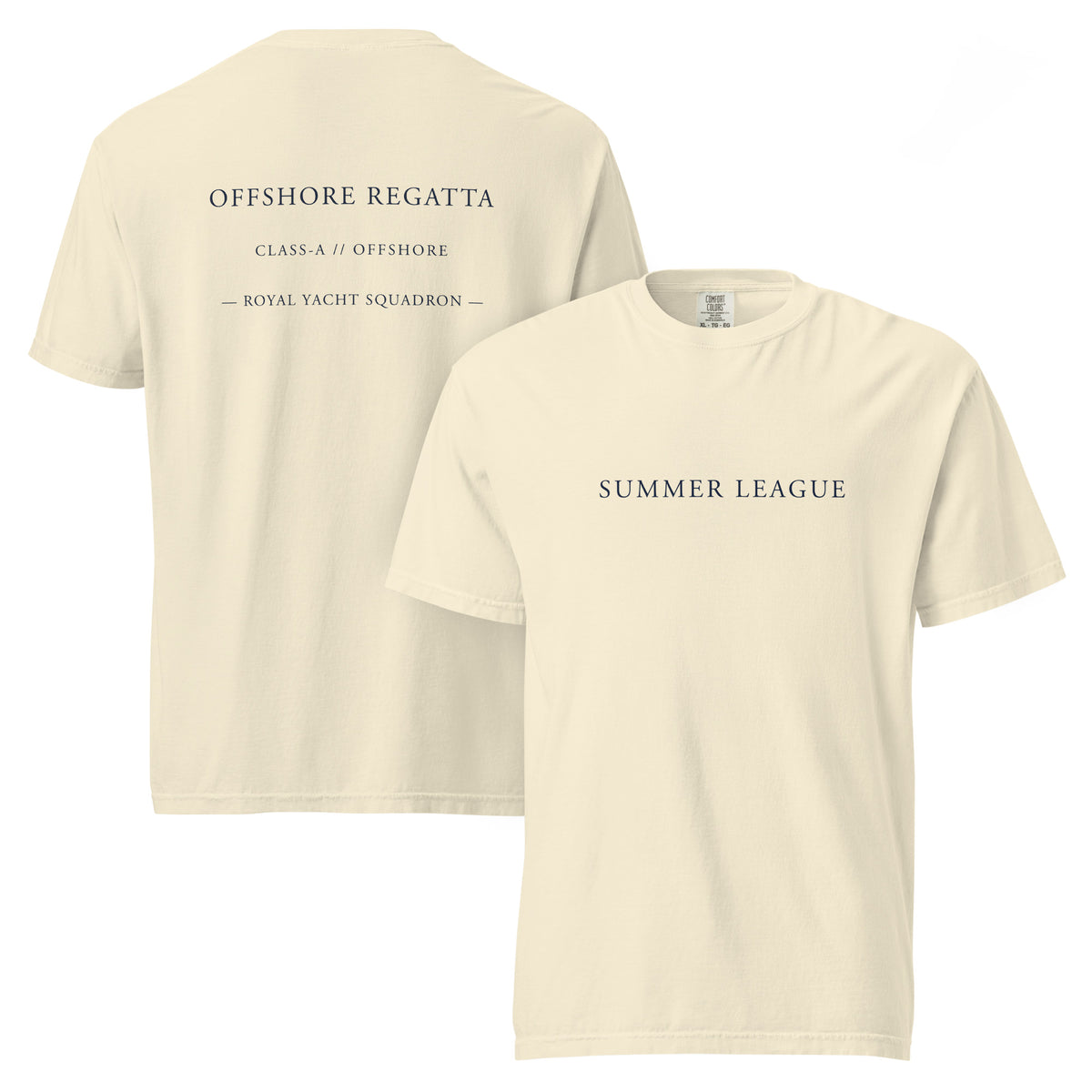 Unisex heavy cotton tee in cream, displaying Summer League front logo and Royal Yacht Squadron back graphic, Comfort Colors 1717 blank.