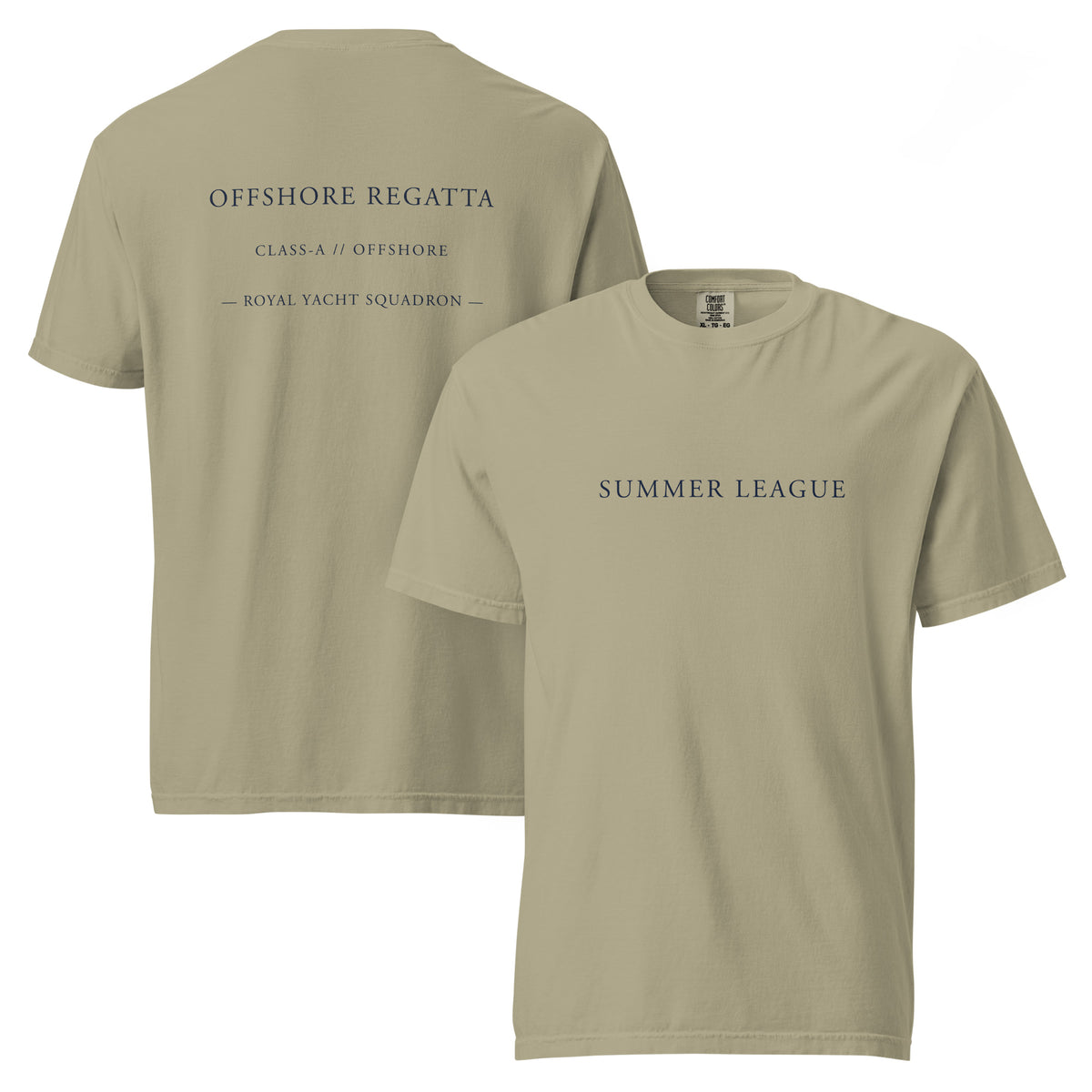 Khaki Comfort Colors 1717 heavyweight cotton t-shirt, showing front and back graphic prints.