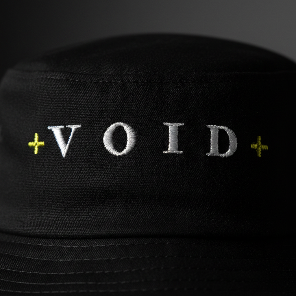 Close-up detail of the VOID 3D embroidery on the heavyweight cotton bucket hat.