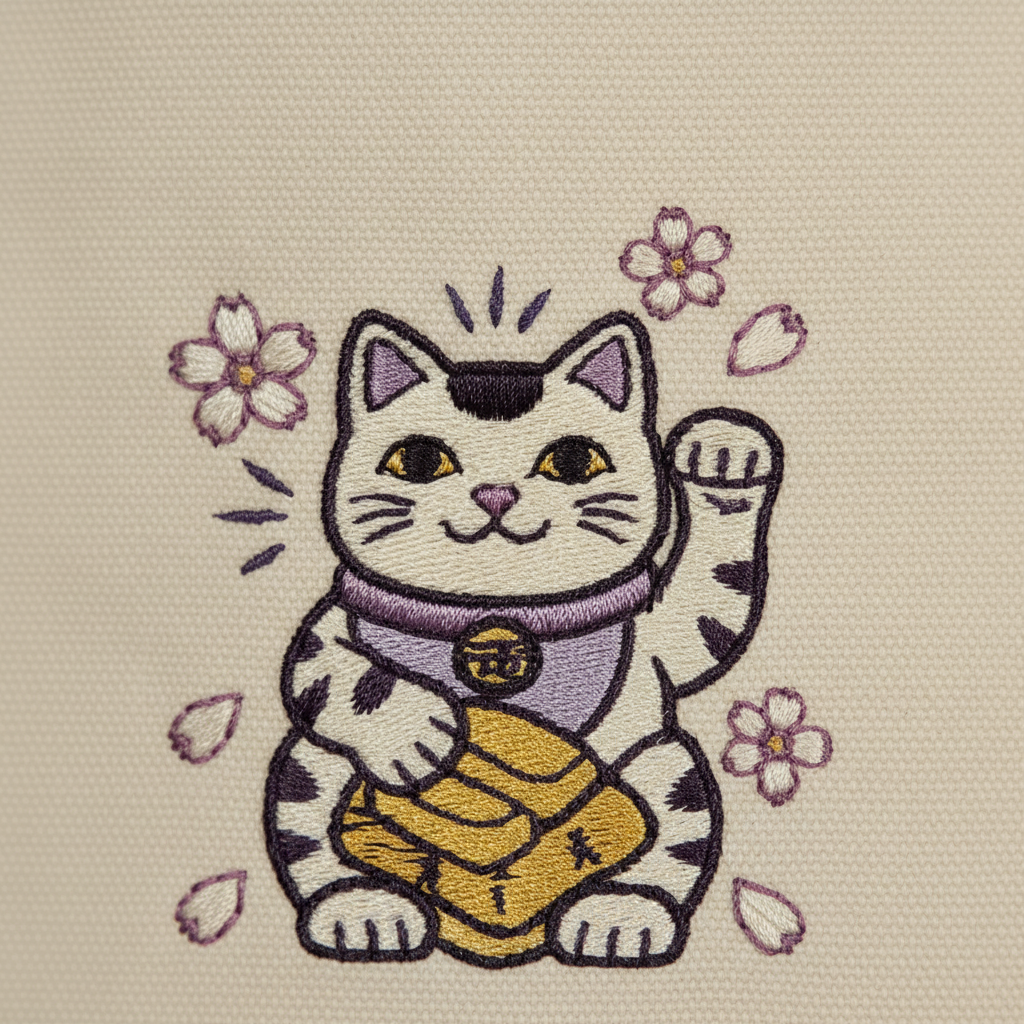 Close-up detail of the Wealth Magnet Lucky Cat embroidery on the canvas tote bag.