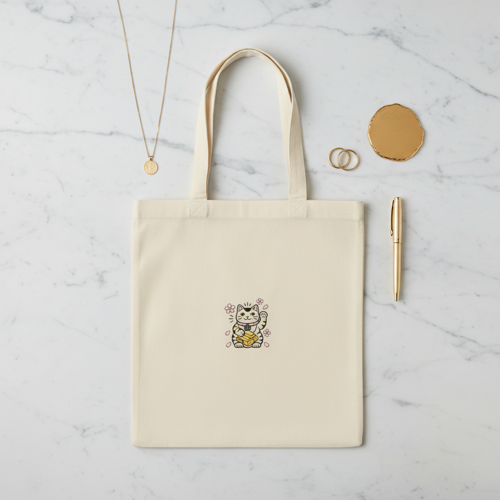 Flat-lay product mockup of the Wealth Magnet Lucky Cat embroidered canvas tote bag on a marble surface.