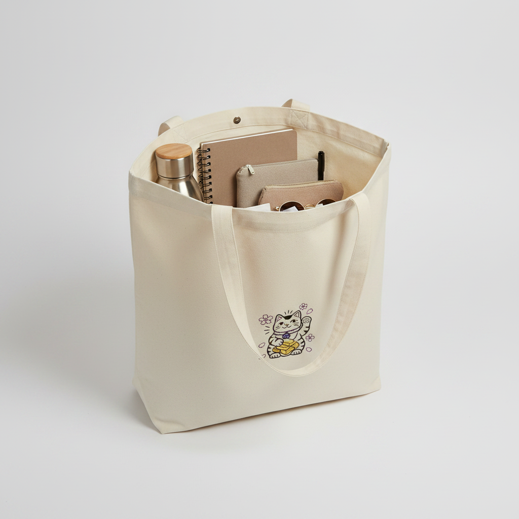 Open canvas tote bag filled with items, featuring the embroidered Wealth Magnet Lucky Cat design.